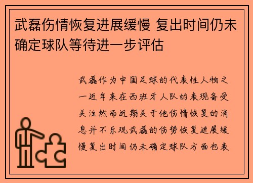 武磊伤情恢复进展缓慢 复出时间仍未确定球队等待进一步评估
