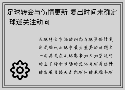 足球转会与伤情更新 复出时间未确定 球迷关注动向