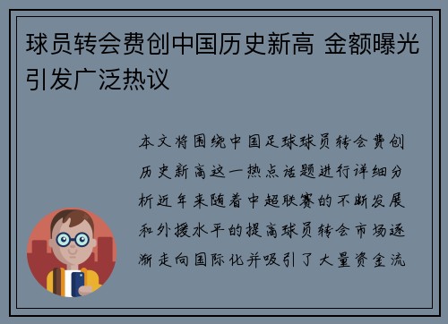 球员转会费创中国历史新高 金额曝光引发广泛热议
