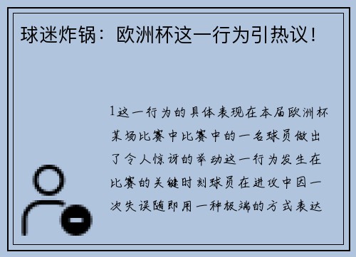 球迷炸锅：欧洲杯这一行为引热议！